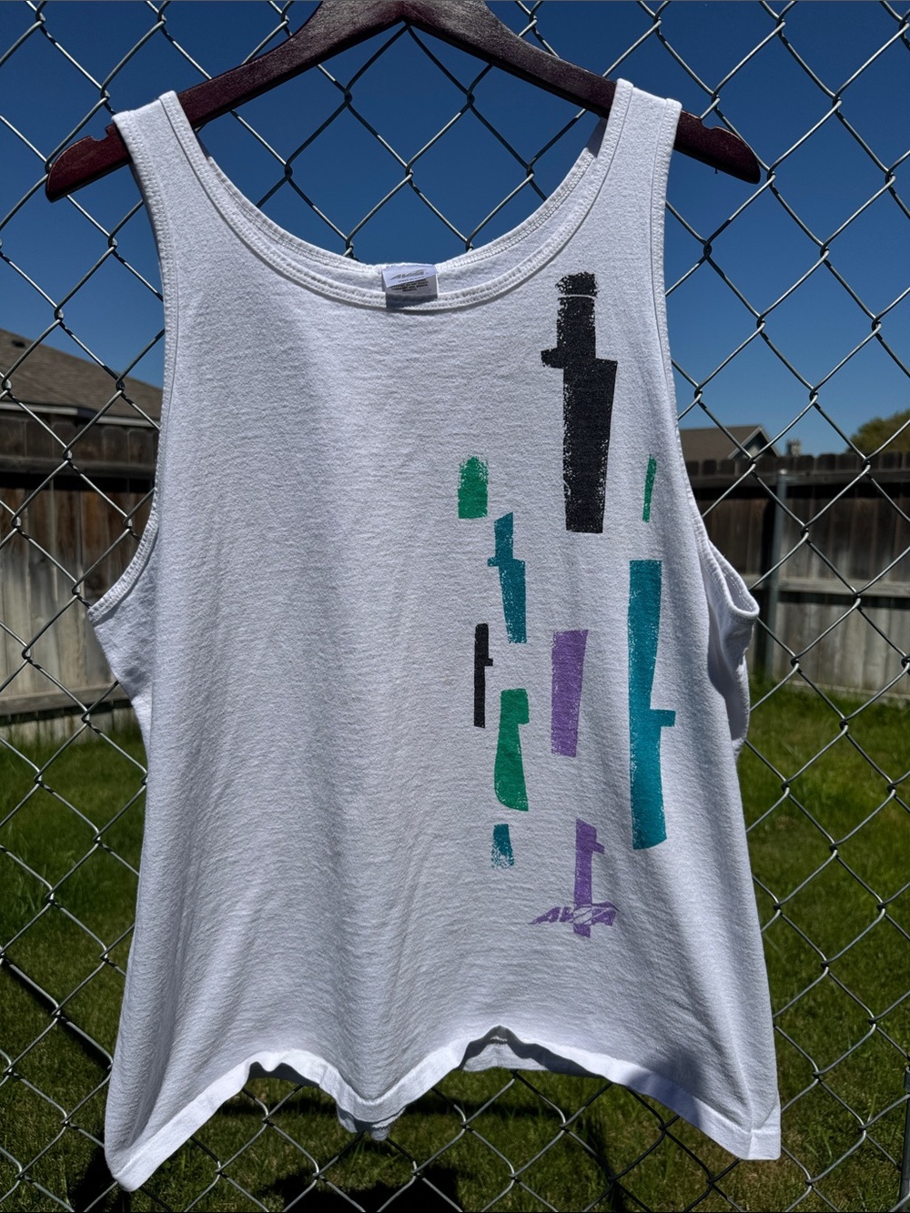 Vintage 90s Avia White Tank Top with Teal, Purple & Black Graphic